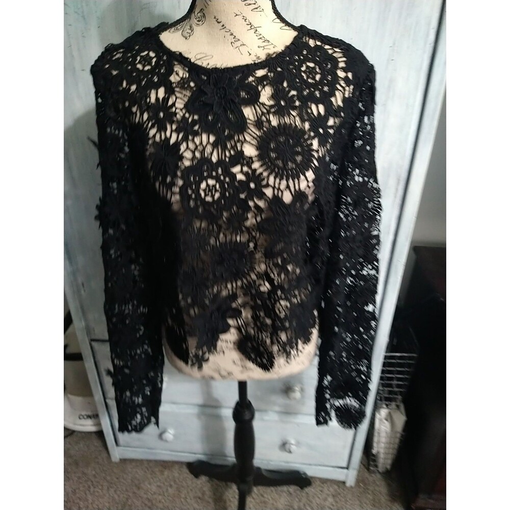 Ft Inc Crotchet Embroidered Long Sleeve Zip Up Blouse Black Medium Cottage Core